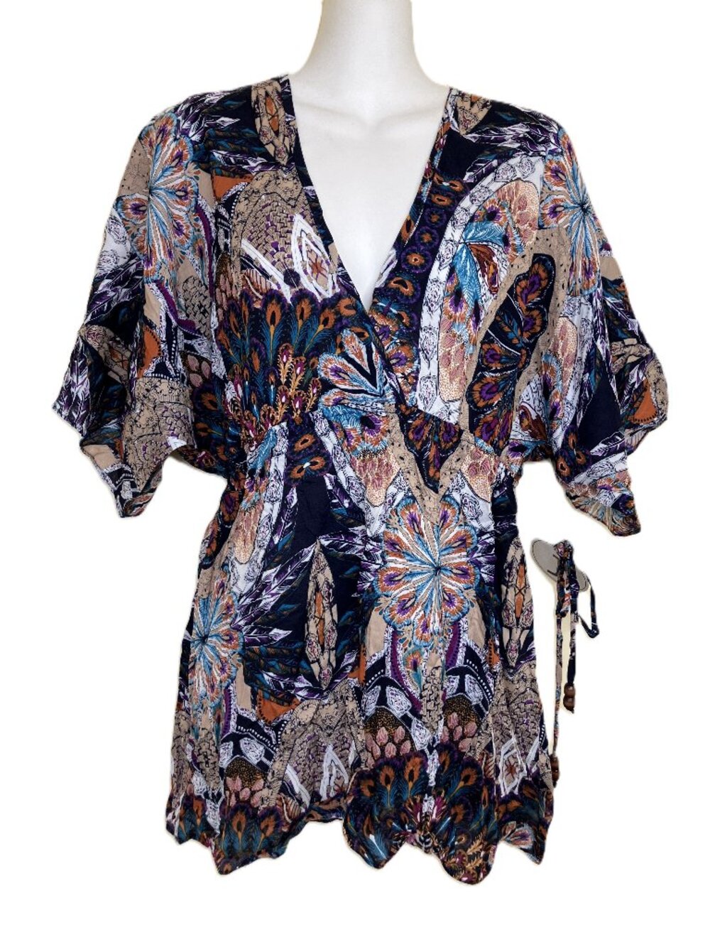 Laura J Kimono Sleeve Tunic Blouse Feather Mandala Print Top NWT Women's Medium